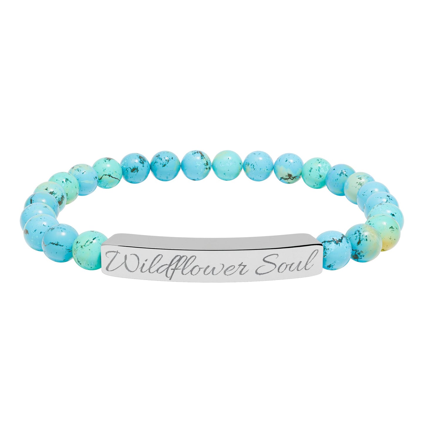 🌸 Wildflower Soul Bracelet , Engraved Natural Stone Stretch Bracelet — Custom Bar Bead Bracelet