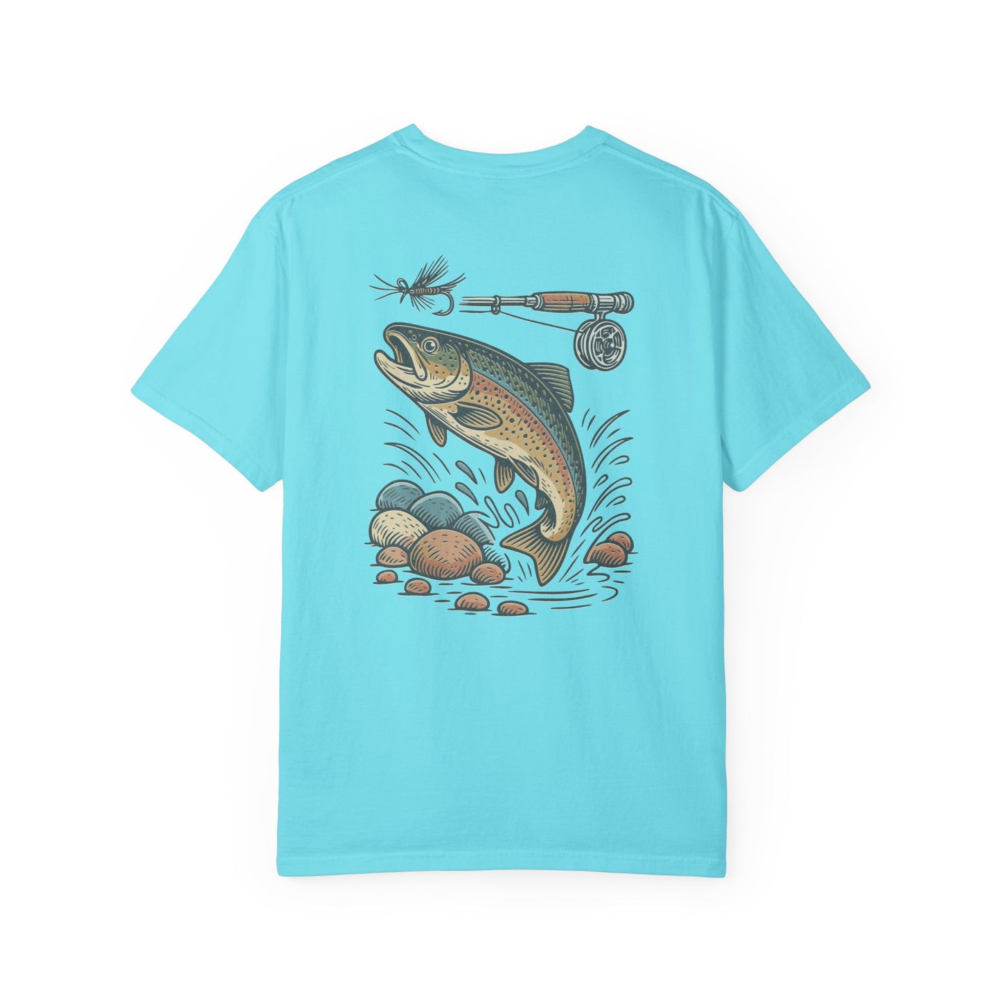 Trout Fishing Graphic T‑Shirt — Vintage Fly Rod & Hook Design