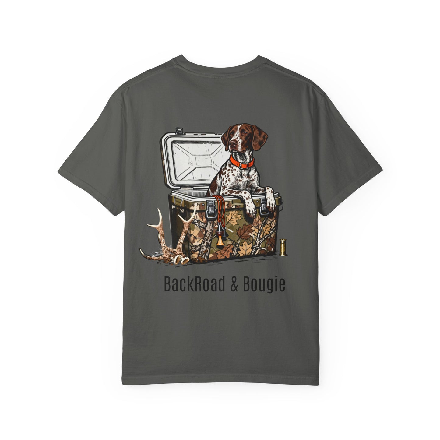 BackRoad & Bougie Dog Graphic T‑Shirt — Hunting Cooler Design