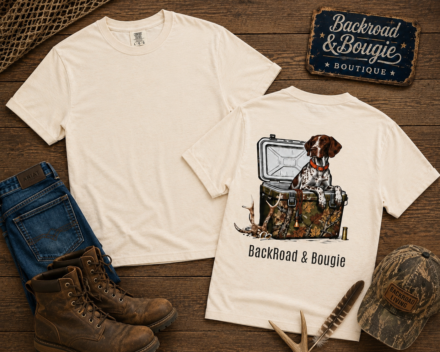 BackRoad & Bougie Dog Graphic T‑Shirt — Hunting Cooler Design