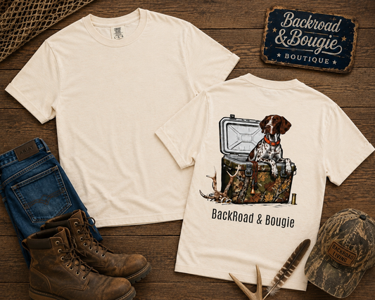 BackRoad & Bougie Dog Graphic T‑Shirt — Hunting Cooler Design