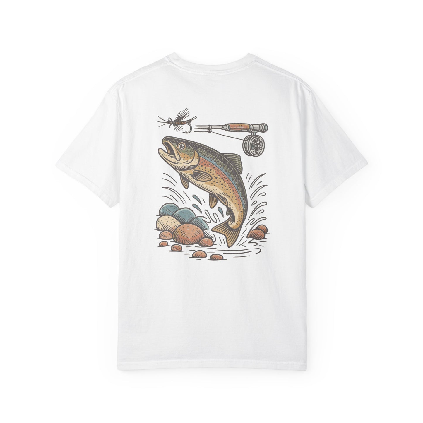 Trout Fishing Graphic T‑Shirt — Vintage Fly Rod & Hook Design