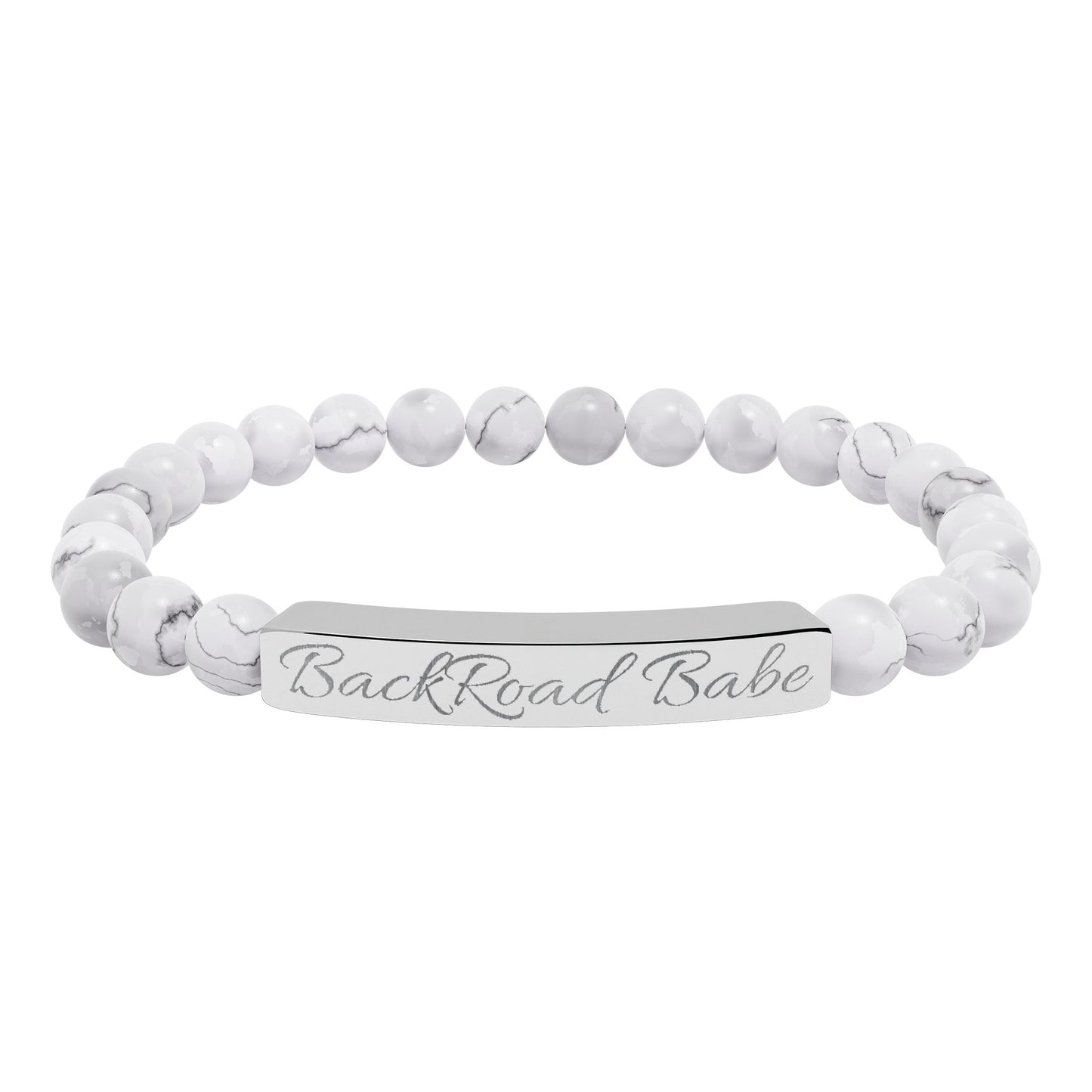 🤎 Backroad Babe Bracelet , Engraved Natural Stone Bead Bracelet — Custom Bar Stretch Bracelet