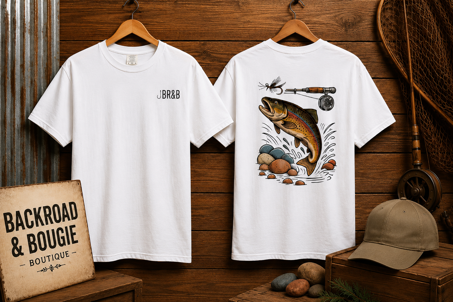 Trout Fishing Graphic T‑Shirt — Vintage Fly Rod & Hook Design