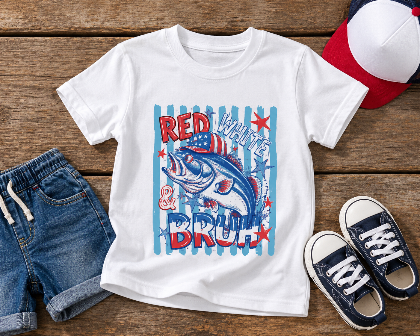 4th of July Boys Tee — 'Red, White and Bruh' Fish Design