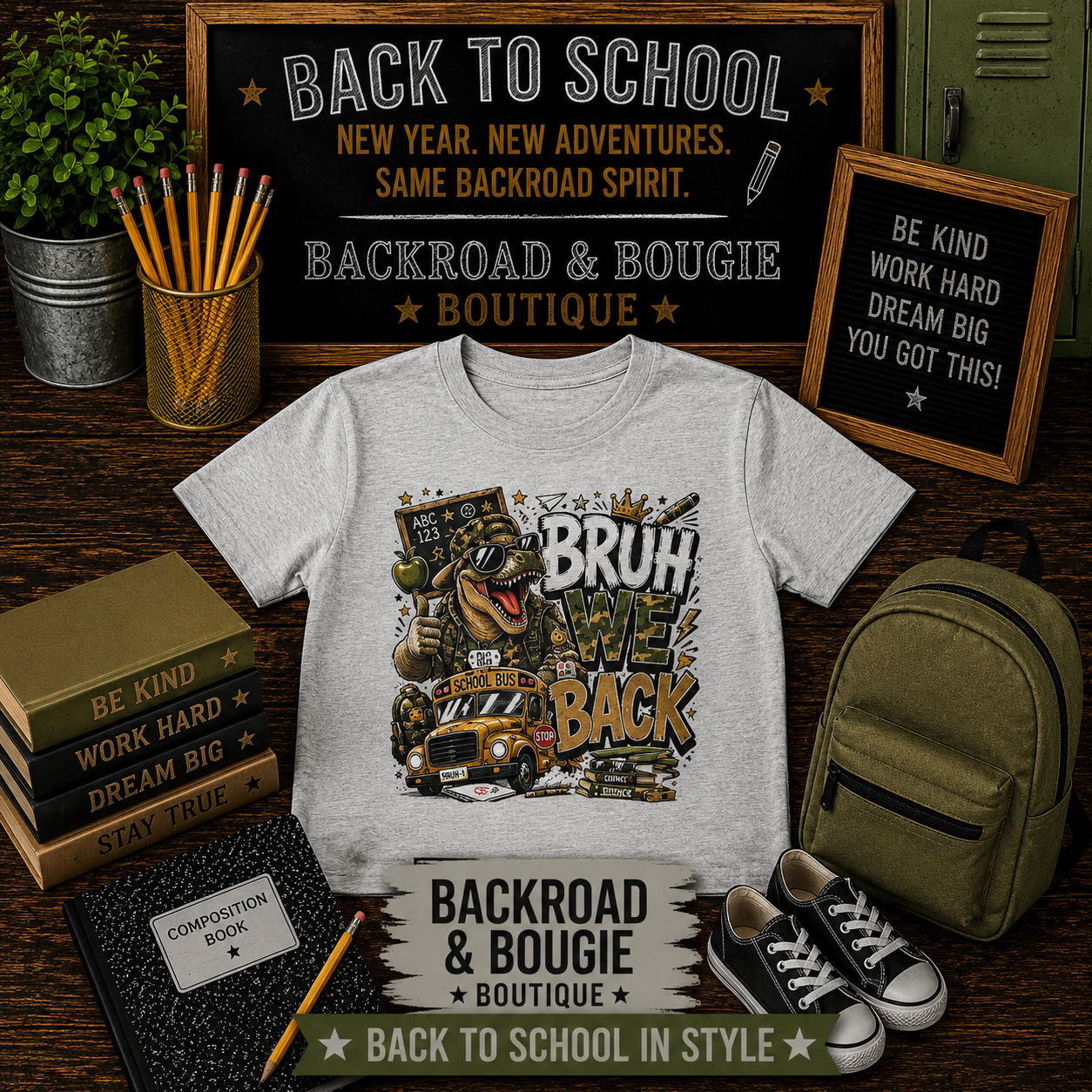 BRUH, WE BACK. 🦖🚌📚Dino Youth Tee