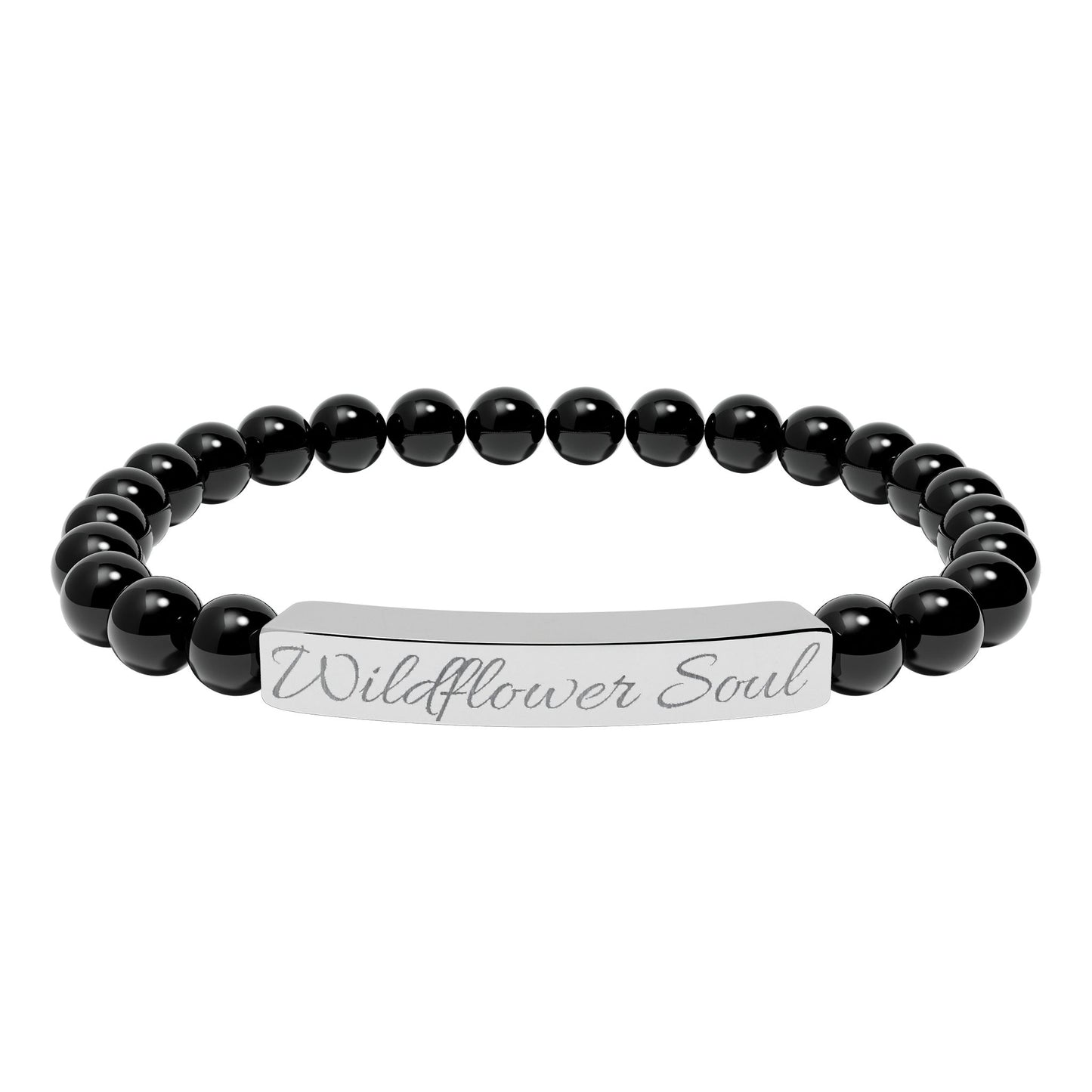 🌸 Wildflower Soul Bracelet , Engraved Natural Stone Stretch Bracelet — Custom Bar Bead Bracelet