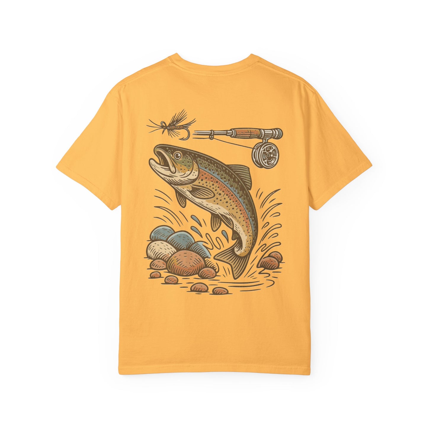 Trout Fishing Graphic T‑Shirt — Vintage Fly Rod & Hook Design