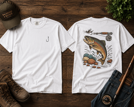 Trout Fishing Graphic T‑Shirt — Vintage Fly Rod & Hook Design