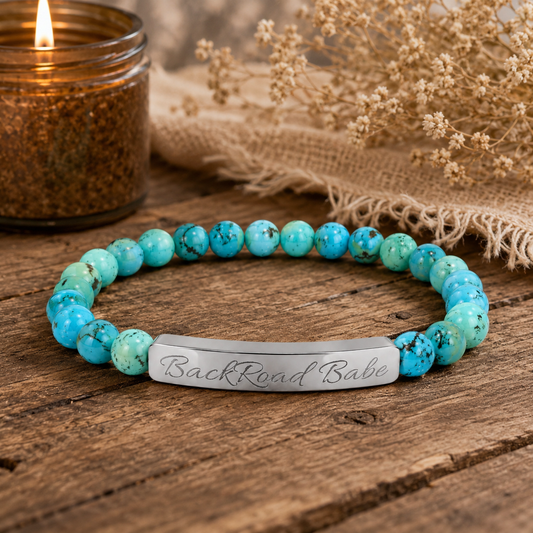 🤎 Backroad Babe Bracelet , Engraved Natural Stone Bead Bracelet — Custom Bar Stretch Bracelet