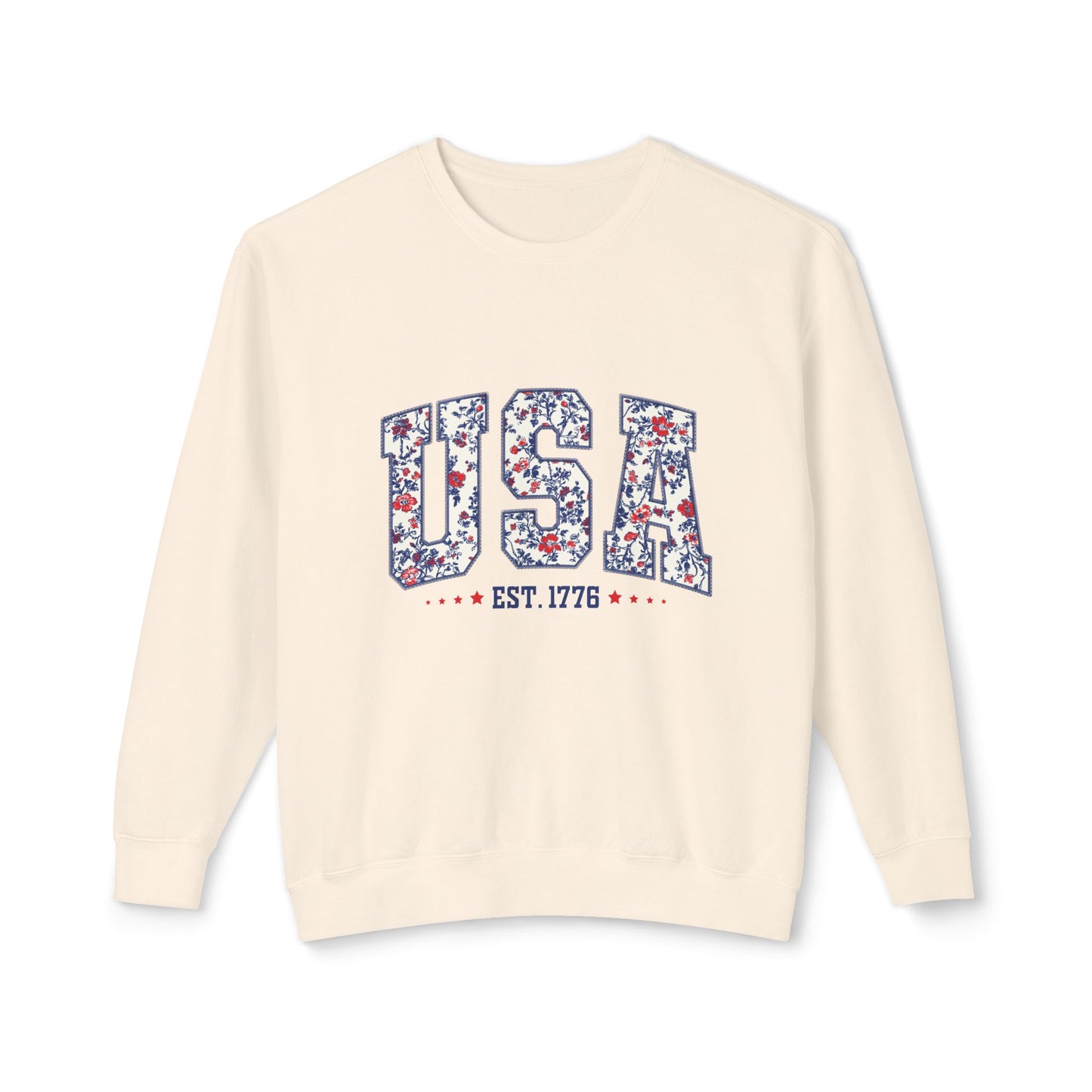 USA Floral Crewneck Sweatshirt — Patriotic "EST. 1776" Pullover