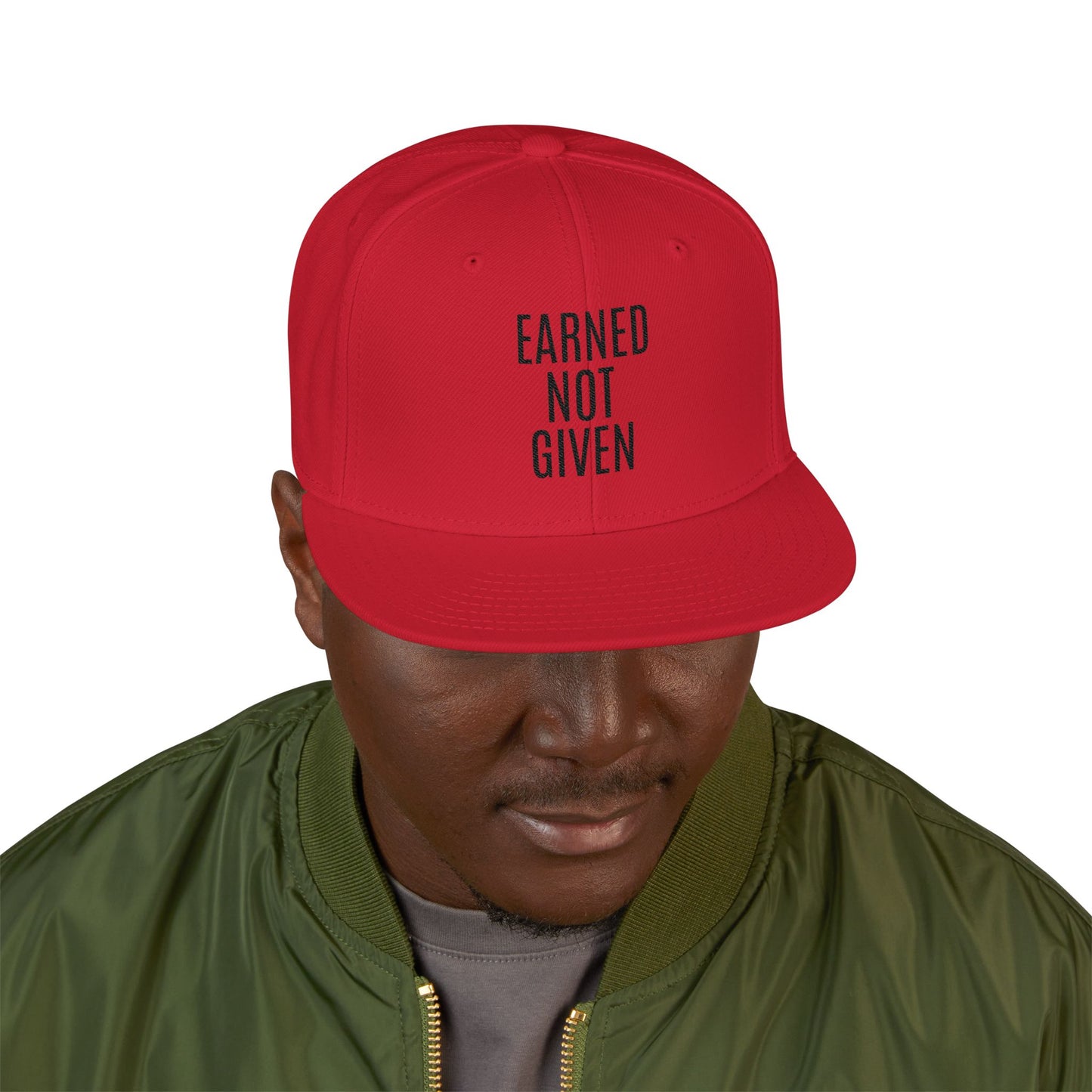 Embroidered Snapback Hat — 'Learned More When' Minimal Vertical Text