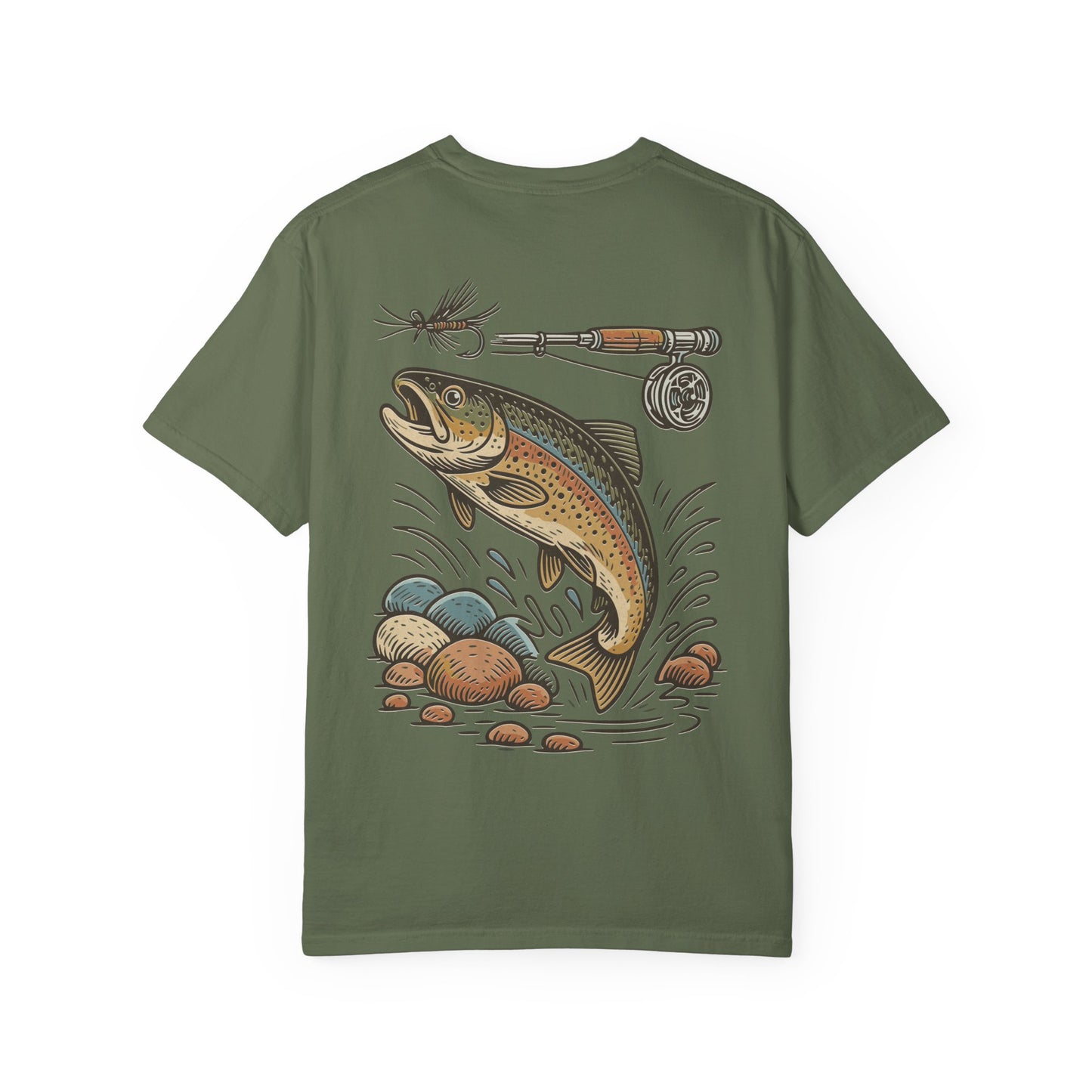 Trout Fishing Graphic T‑Shirt — Vintage Fly Rod & Hook Design