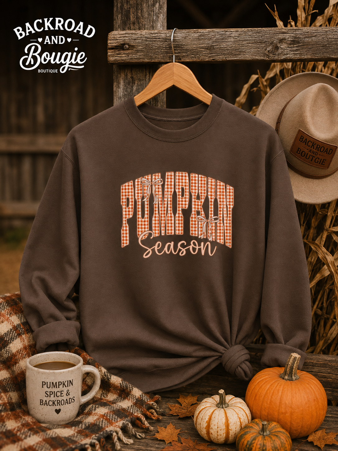 Pumpkin Season Crewneck Sweatshirt — Orange Plaid Fall Pullover