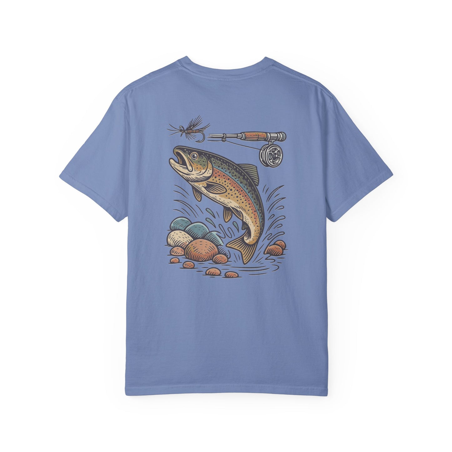 Trout Fishing Graphic T‑Shirt — Vintage Fly Rod & Hook Design