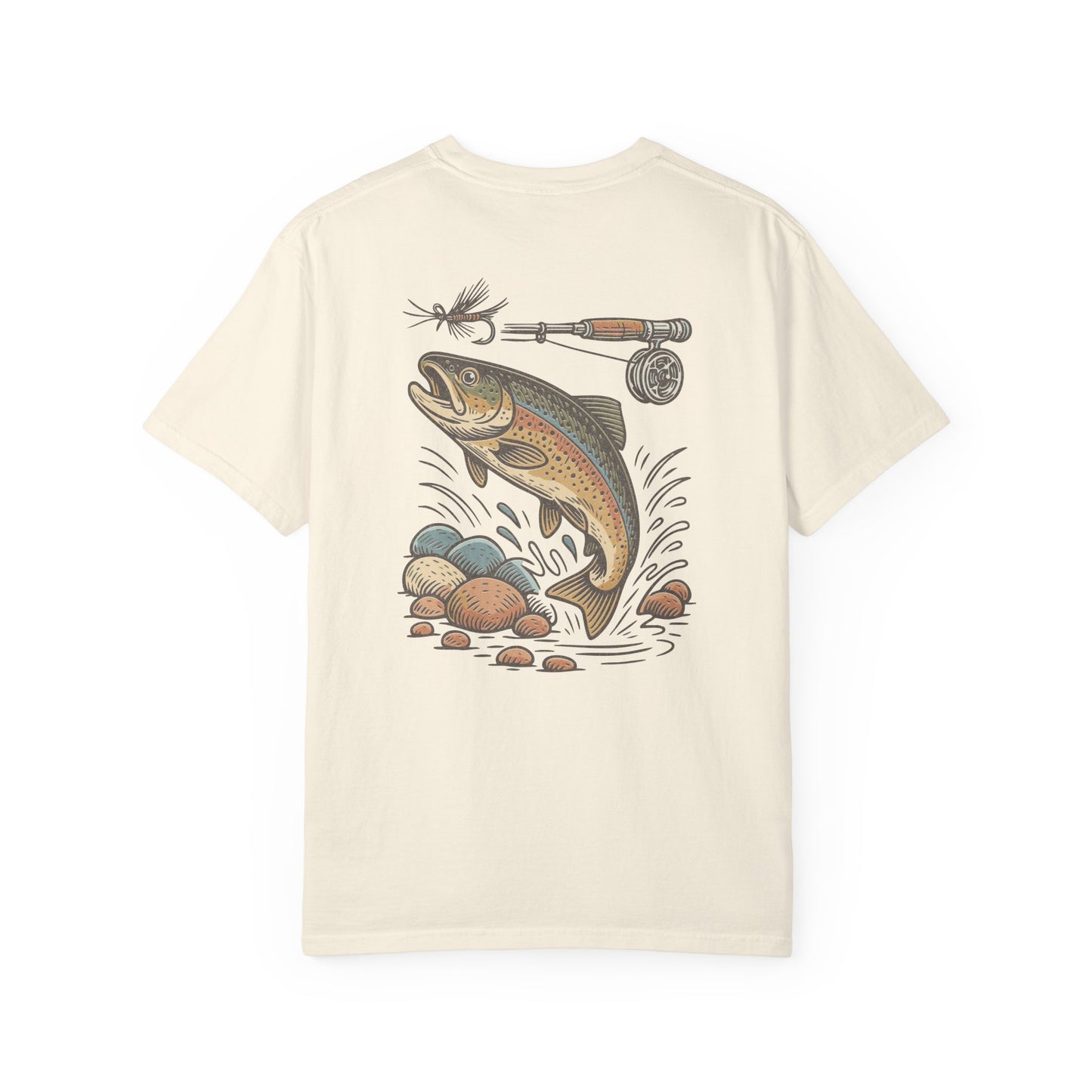 Trout Fishing Graphic T‑Shirt — Vintage Fly Rod & Hook Design