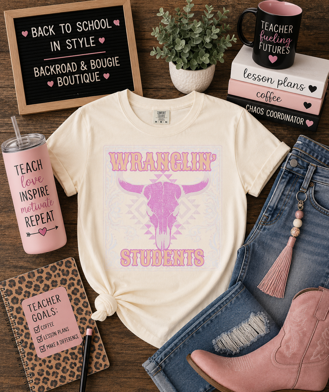 Graphic T-Shirt — "Wranglin' Students" Pink Bull Skull Tee