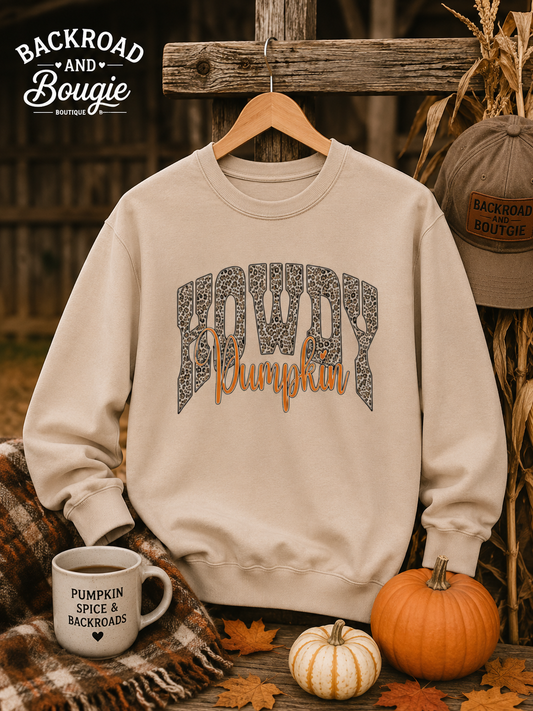 Howdy Pumpkin Crewneck Sweatshirt — Leopard Print Fall Pullover