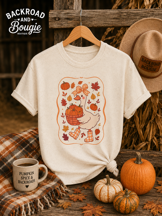 Autumn Goose Tee — Cute Pumpkin & Leaves Fall Graphic T-Shirt