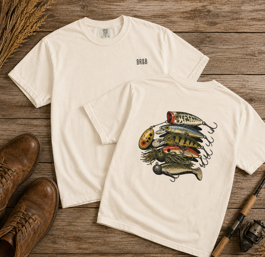 Fishing Lures T-Shirt — Vintage Stack of Baits Graphic Tee