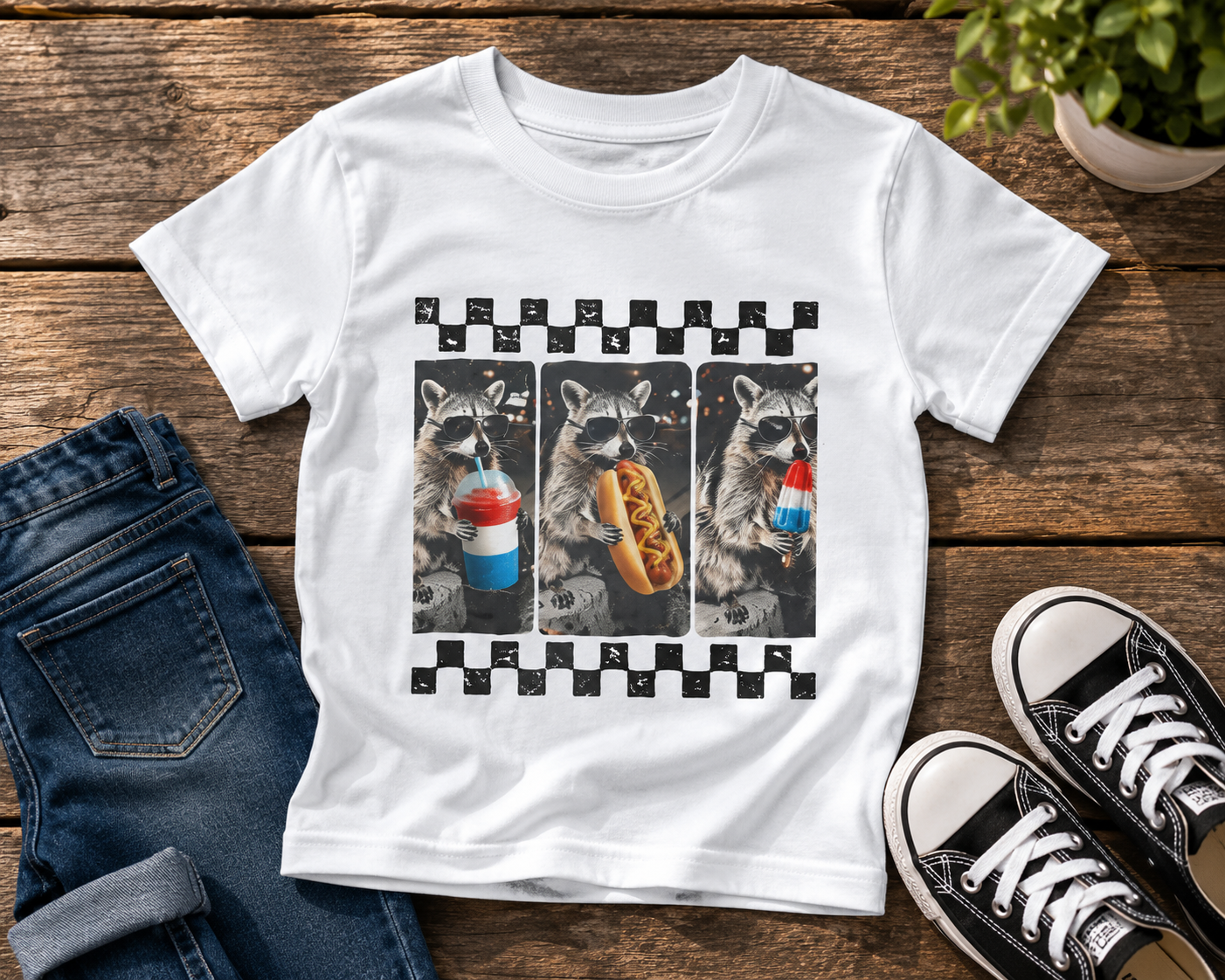 Kids 4th of July Raccoon Tee — Hotdog, Popsicle & Icy Drink Design