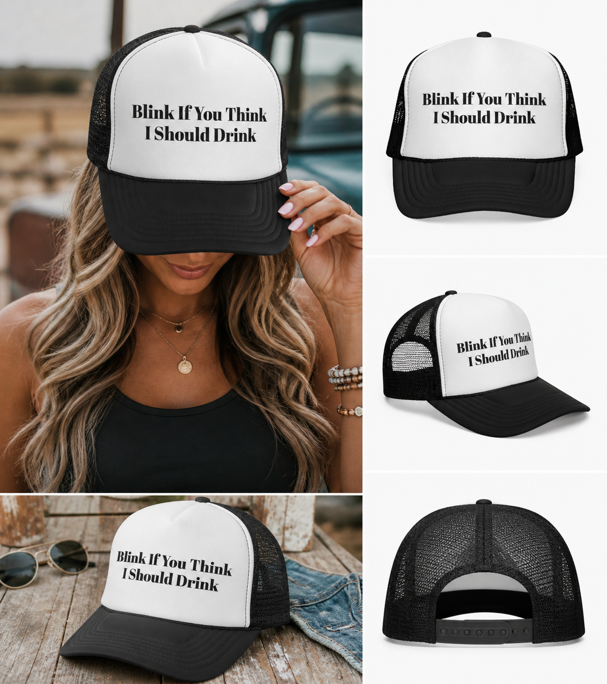 Blink If You Think I Should Drink Trucker Hat 🍻🖤