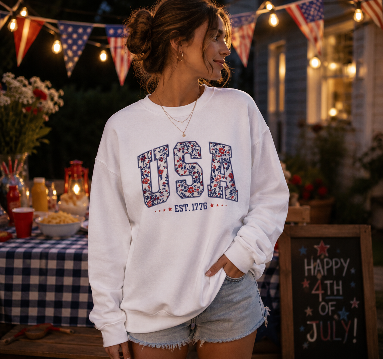 USA Floral Crewneck Sweatshirt — Patriotic "EST. 1776" Pullover