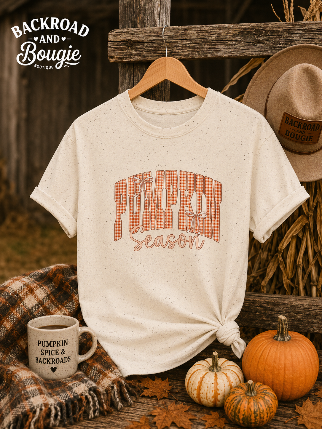 Pumpkin Season T-Shirt — Orange Gingham Fall Graphic Tee